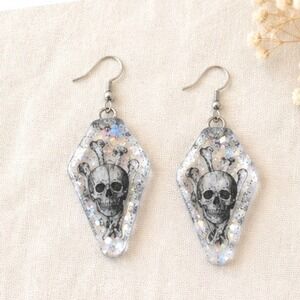 Handmade Coffin Skull Earrings Silver Glitter Resin Goth Halloween New